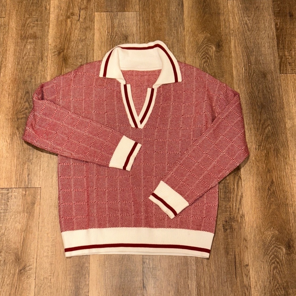Saodimallsu Red White Geometric Knit Polo Sweater V-Neck Long Sleeve H9B625 L